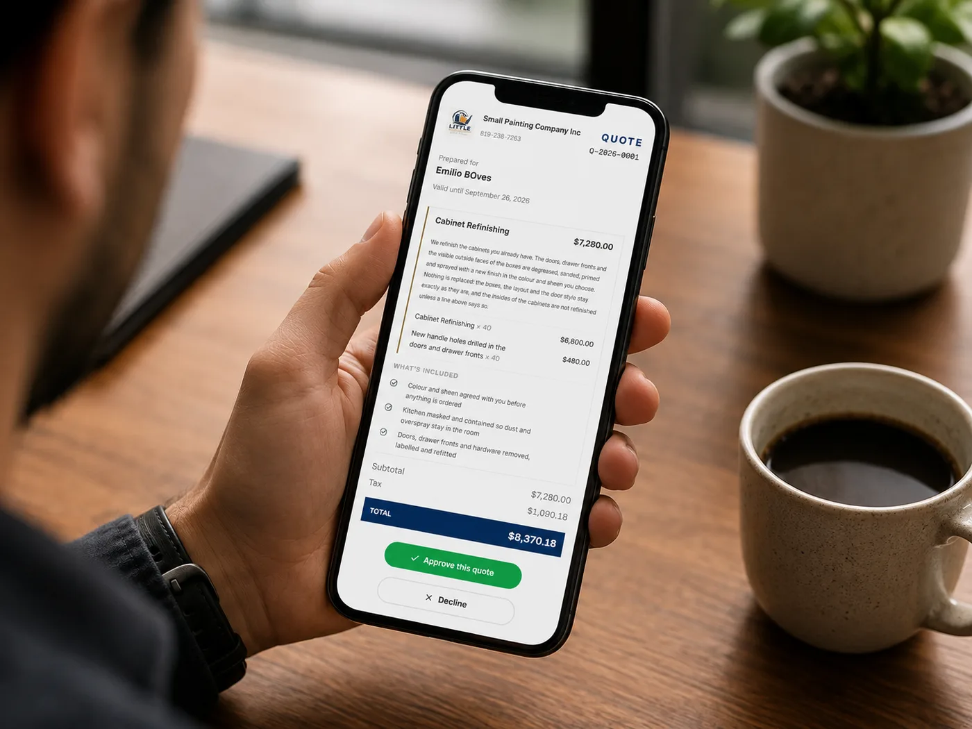 A client reading a quote on their phone, with an Approve button at the bottom