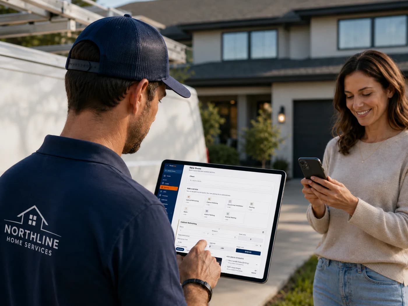 A contractor building a quote on a tablet outside a client's home while she reviews it on her phone