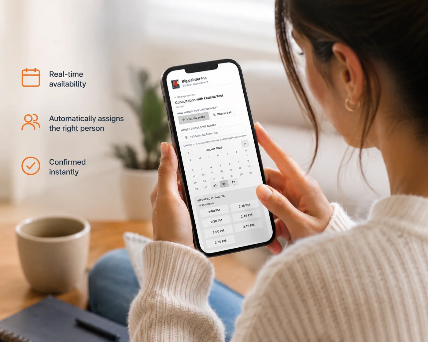 A client picking an appointment time on a contractor's booking page on her phone