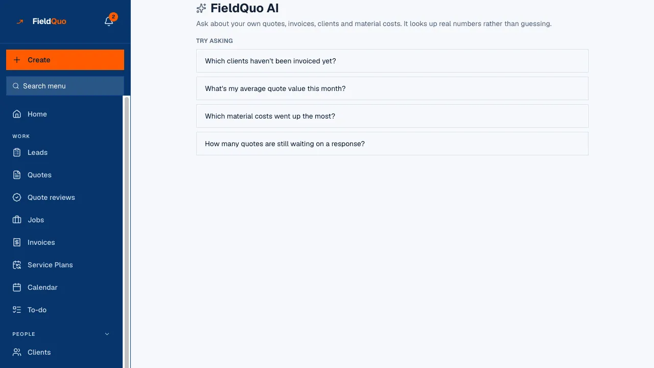 FieldQuo AI: four questions to try, about unbilled clients, average quote value, material costs and unanswered quotes