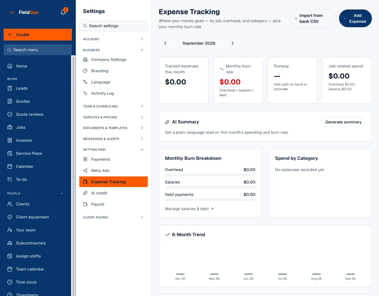 Expense Tracking: tracked expenses this month, monthly burn rate, runway, the burn breakdown and the six-month trend