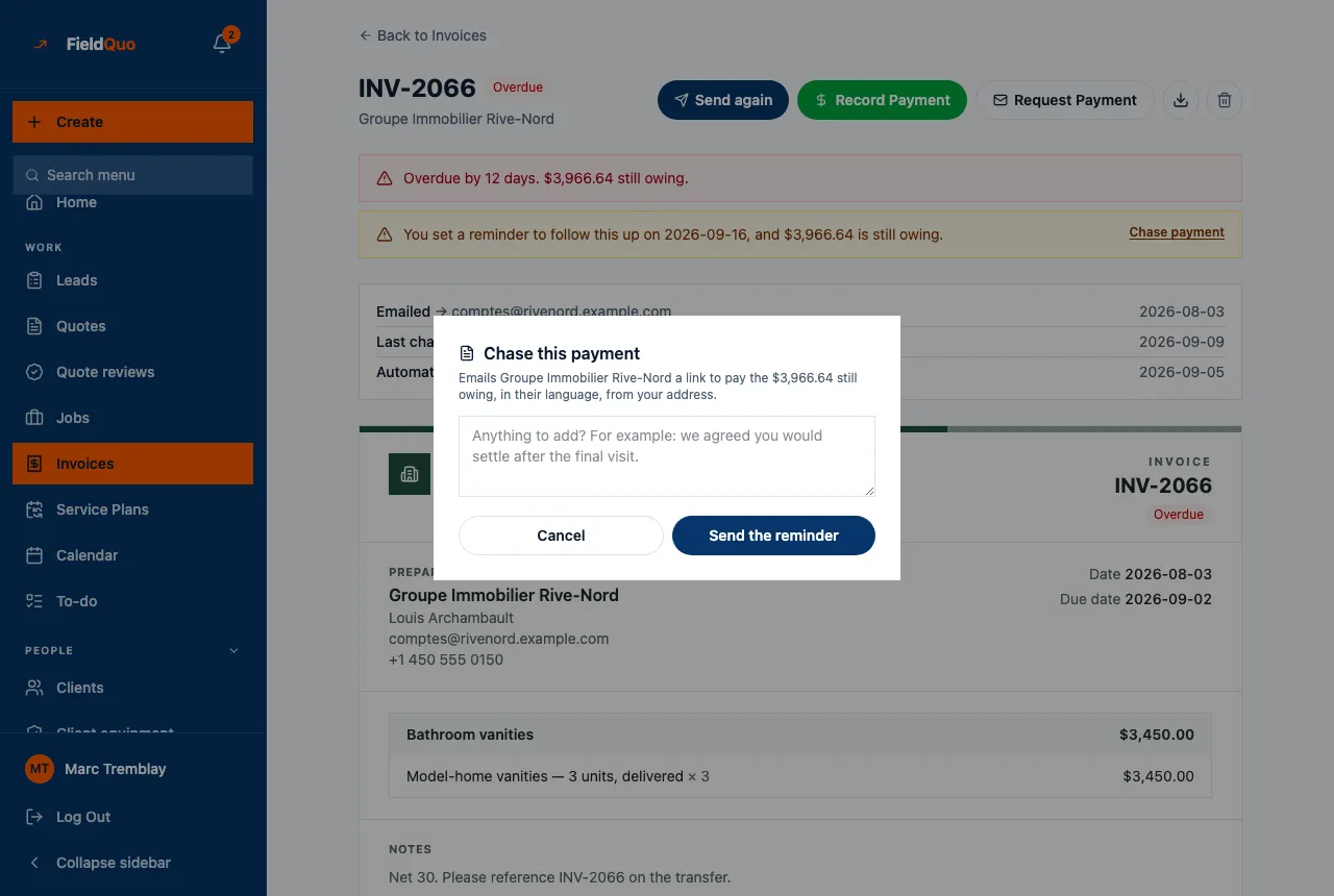 An overdue invoice with the Chase this payment dialog open: a note to the client and a Send the reminder button