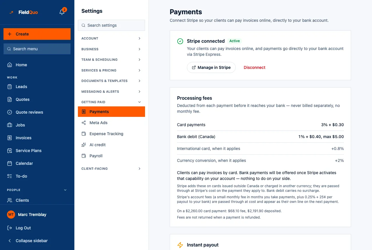 The Payments settings: Stripe connected, then the processing fees — card payments, bank debit, international card and currency conversion — with what each costs