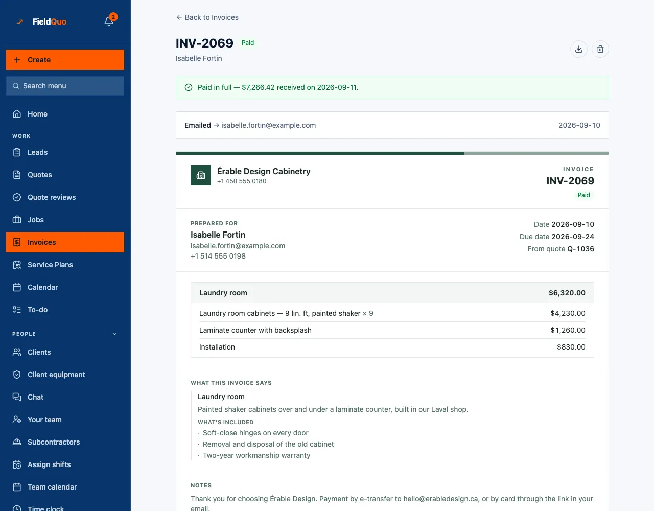 An invoice marked Paid in full: the lines from the quote, what the invoice says, the total and the balance due of zero
