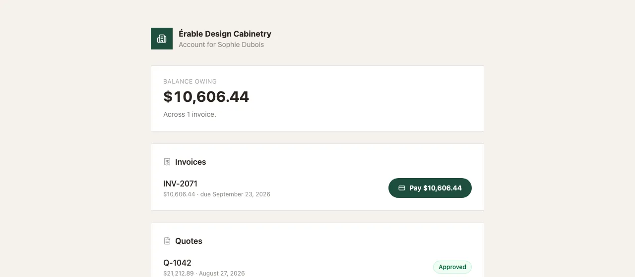 The client portal: the balance owing, one invoice with a Pay button, and two quotes — one approved, one declined