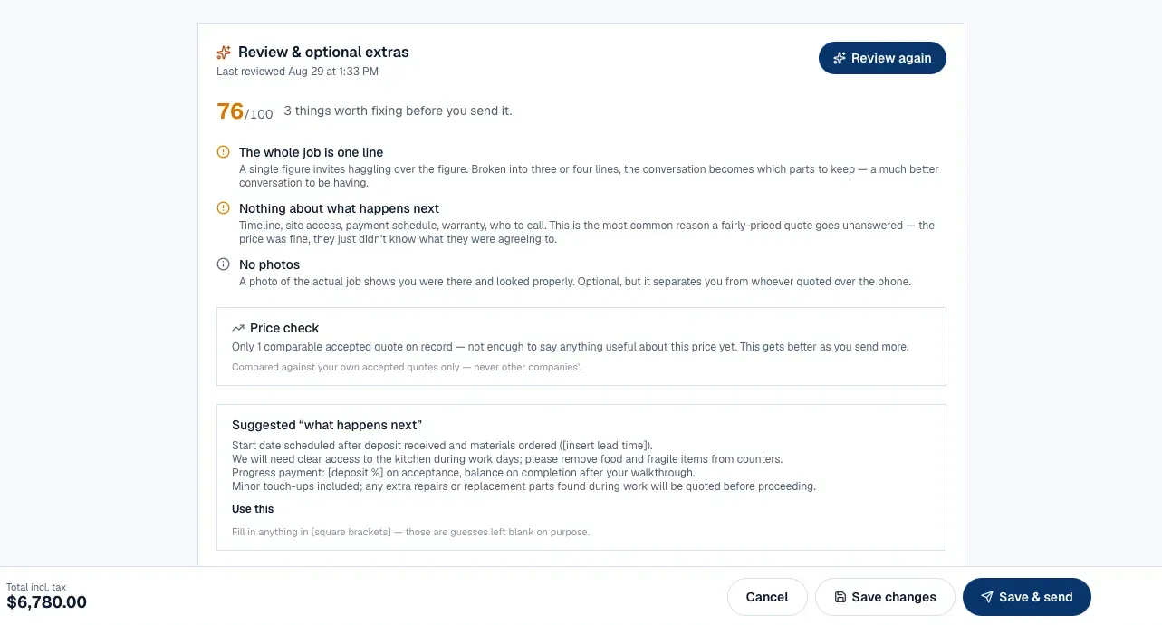 The AI review panel scoring a quote 76 out of 100 with three things worth fixing before it is sent