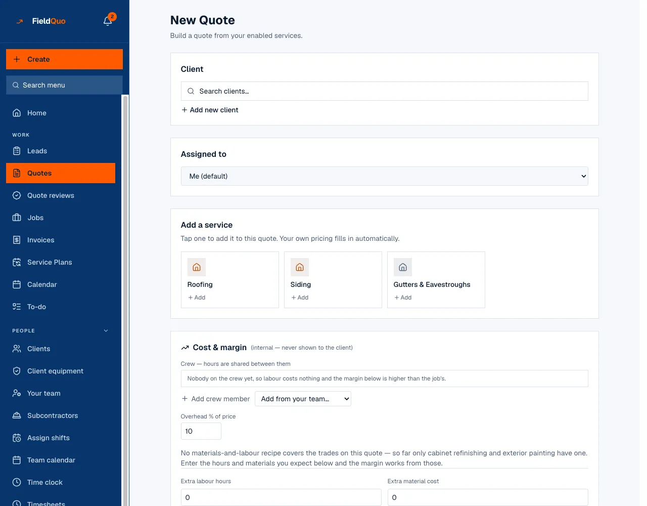 The quote builder: client, assignee, the services to tap in, and the internal cost and margin panel