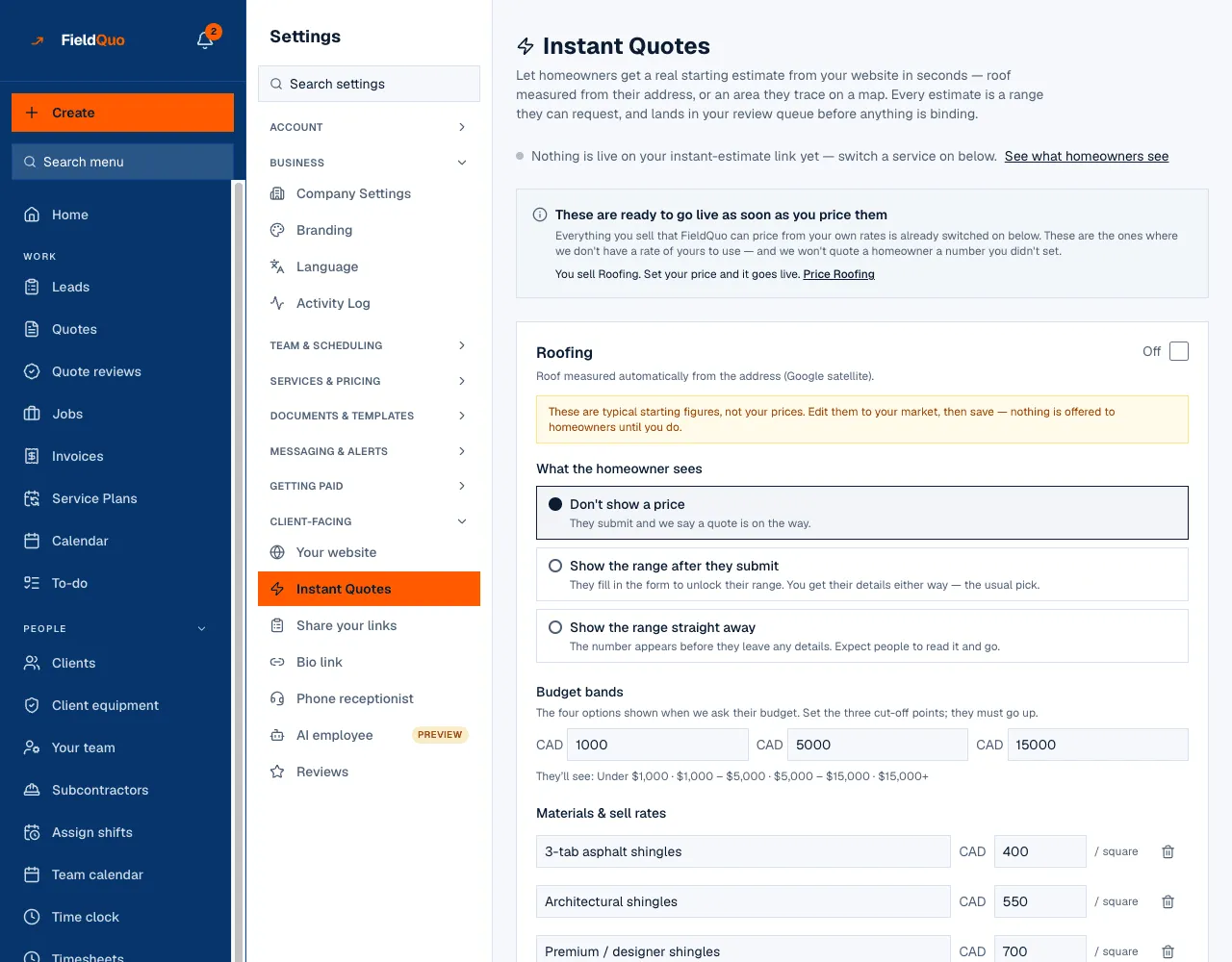 Instant Quotes settings: roofing measured from the address, what the homeowner sees, and the budget bands