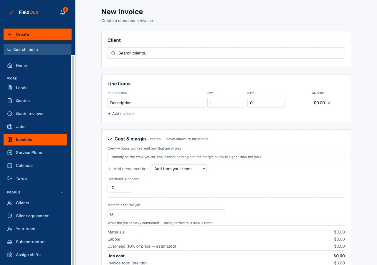 The new invoice screen with line items and the internal cost and margin panel
