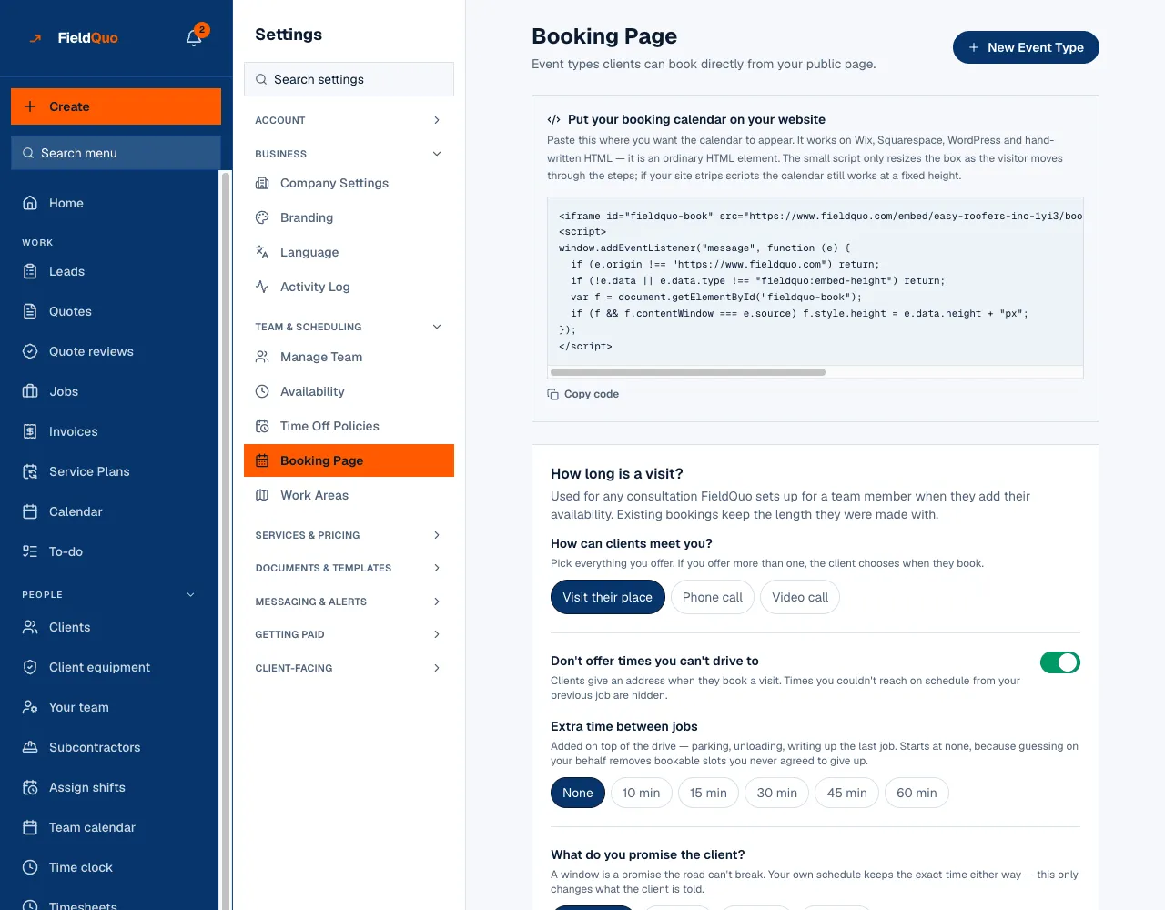 Booking Page settings: the embed snippet, how long a visit is, travel buffer and the arrival window promised to the client