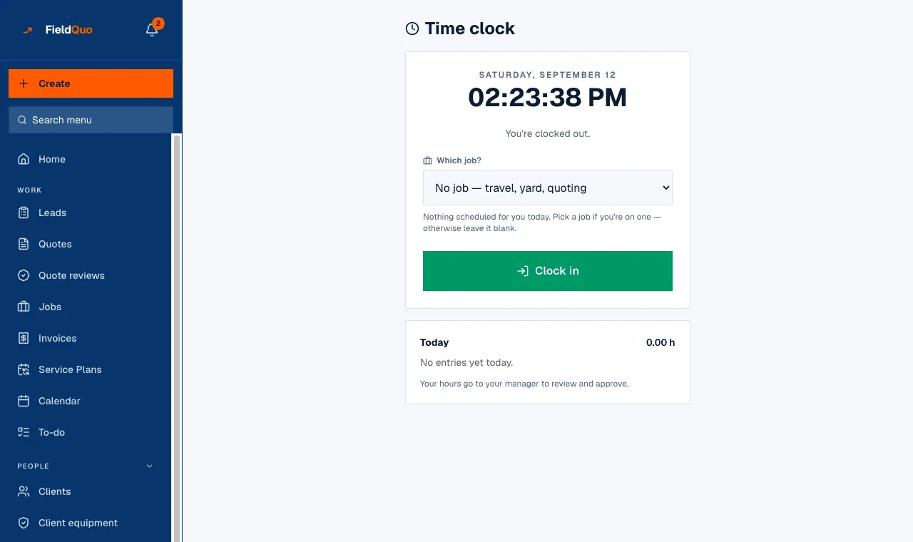 The time clock: the current time, which job, and the Clock in button