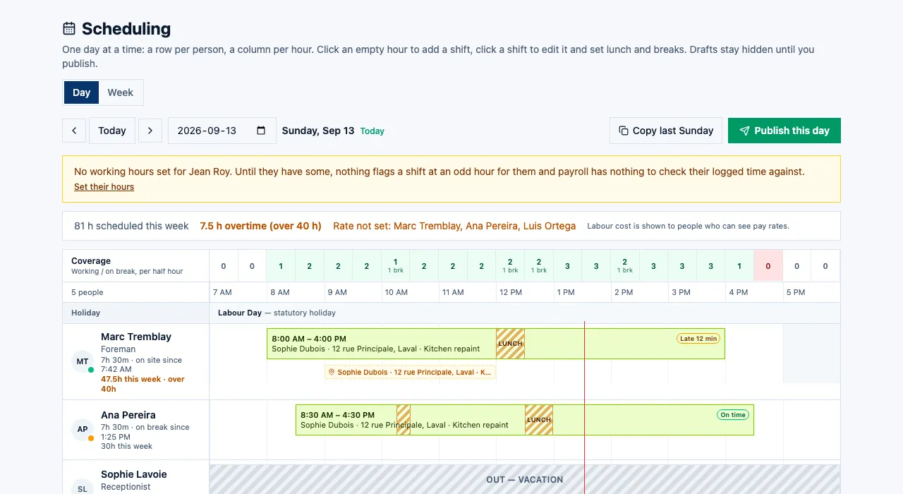 The day board as a dispatcher sees it: hours scheduled, overtime over forty hours, Late and On time chips, and a note that labour cost shows only to people who can see pay rates