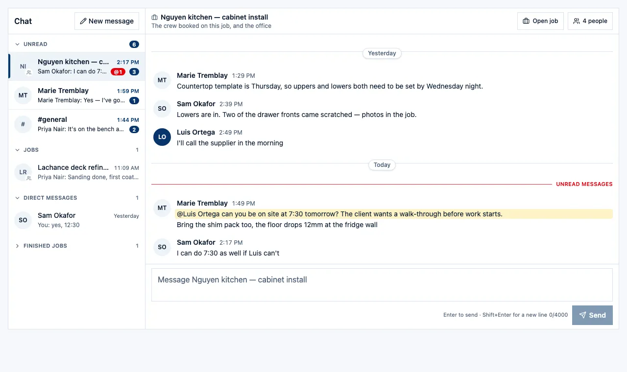 Team chat: a job room with the crew's messages about the countertop template and the walk-through, an @mention highlighted