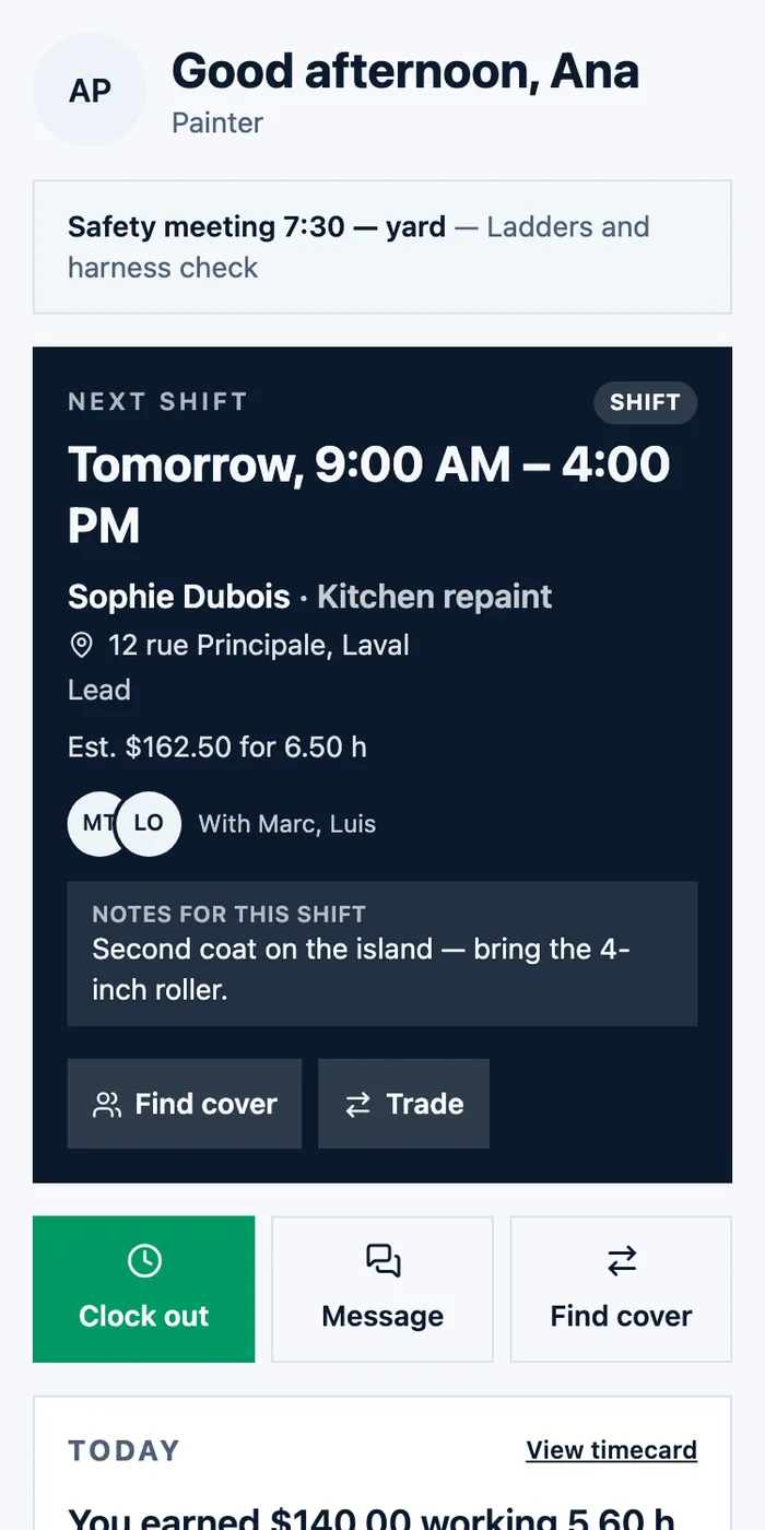 The employee home on a phone: good afternoon, the next shift, a note for it, Find cover and Trade, and Clock out