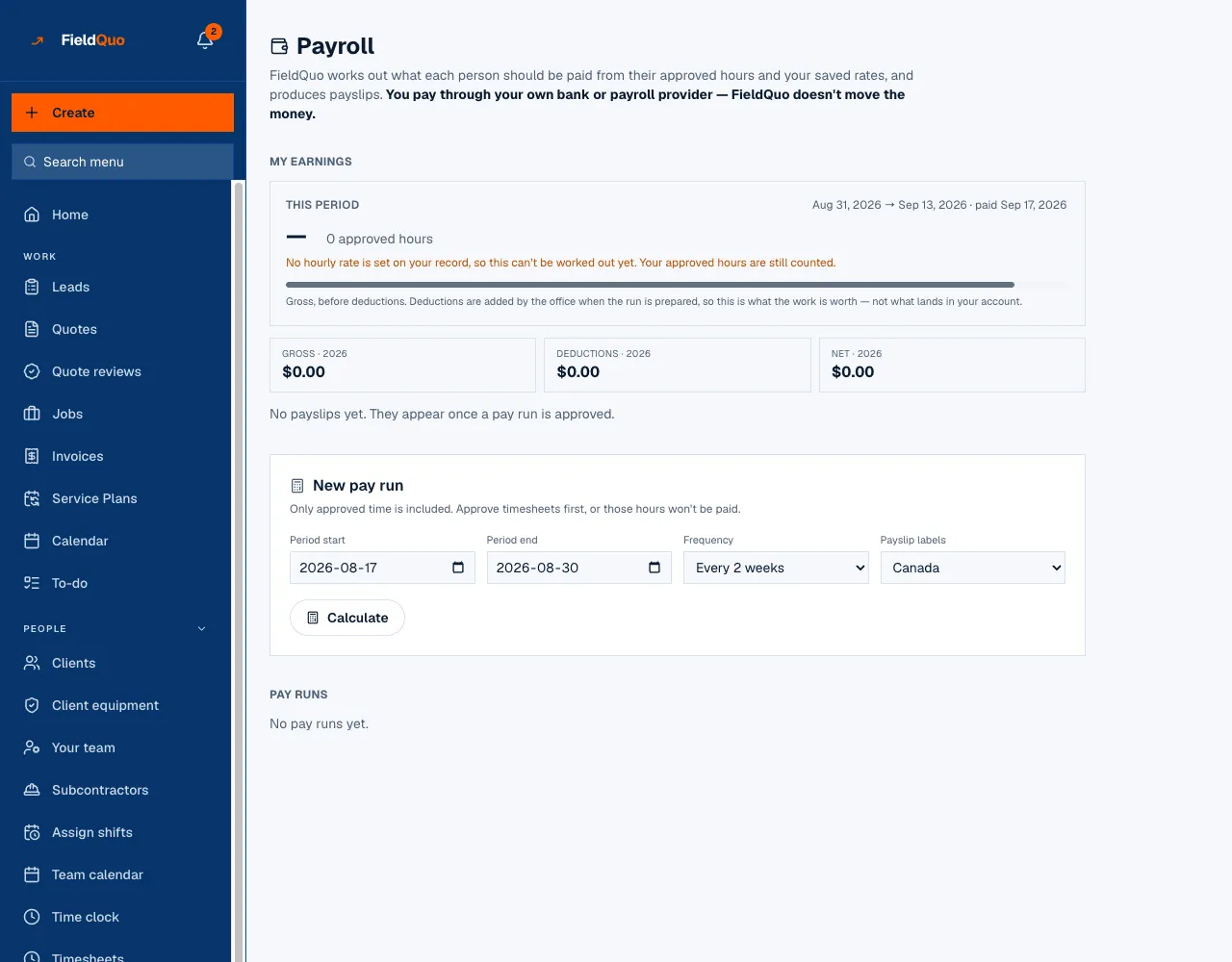 Payroll: this period's approved hours, gross, deductions and net, and a new pay run being set up