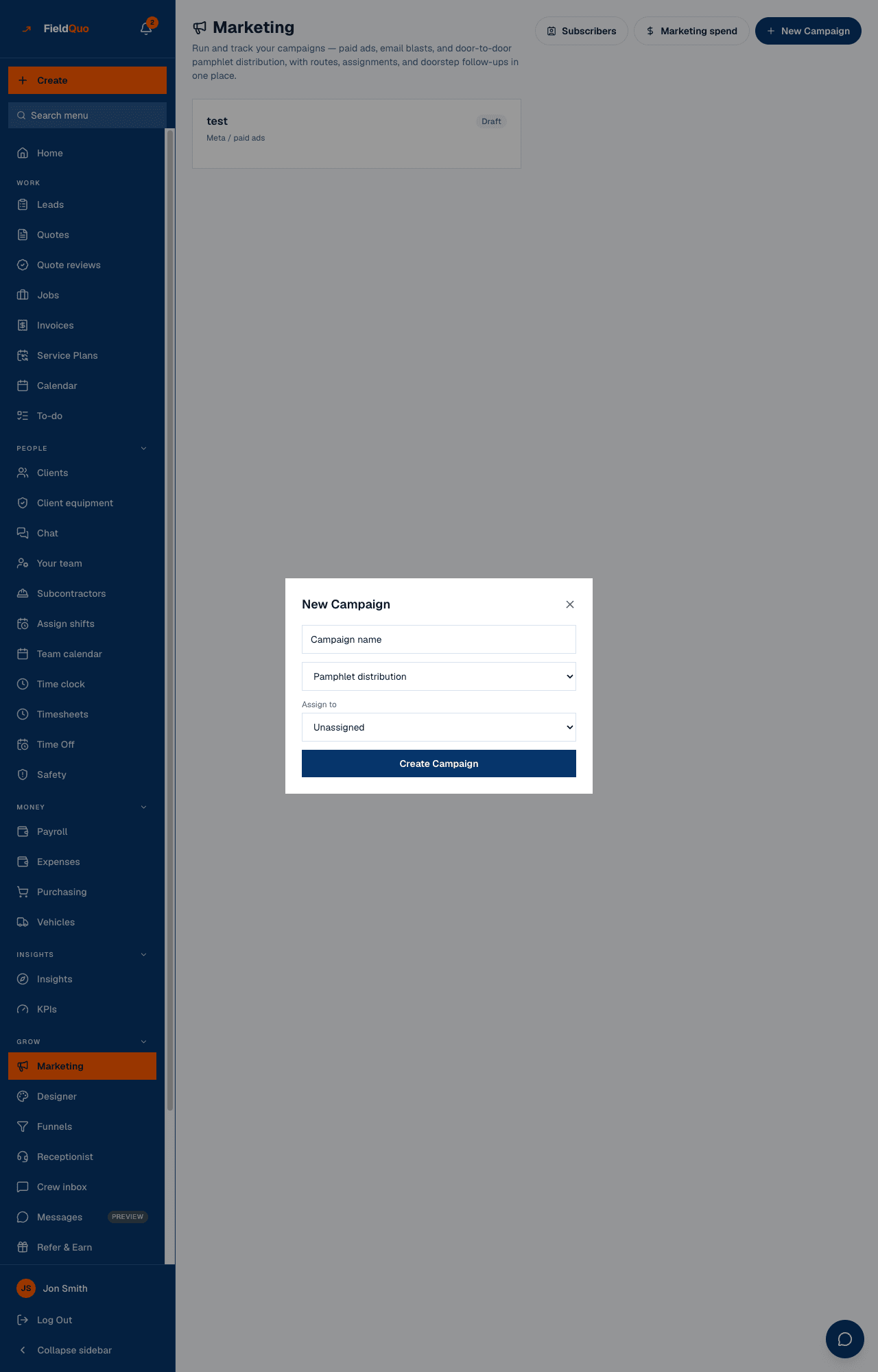 New Campaign — the name, the kind, Assign to and Create Campaign; the extra fields appear when the kind is Email blast, Meta / paid ads or Other.