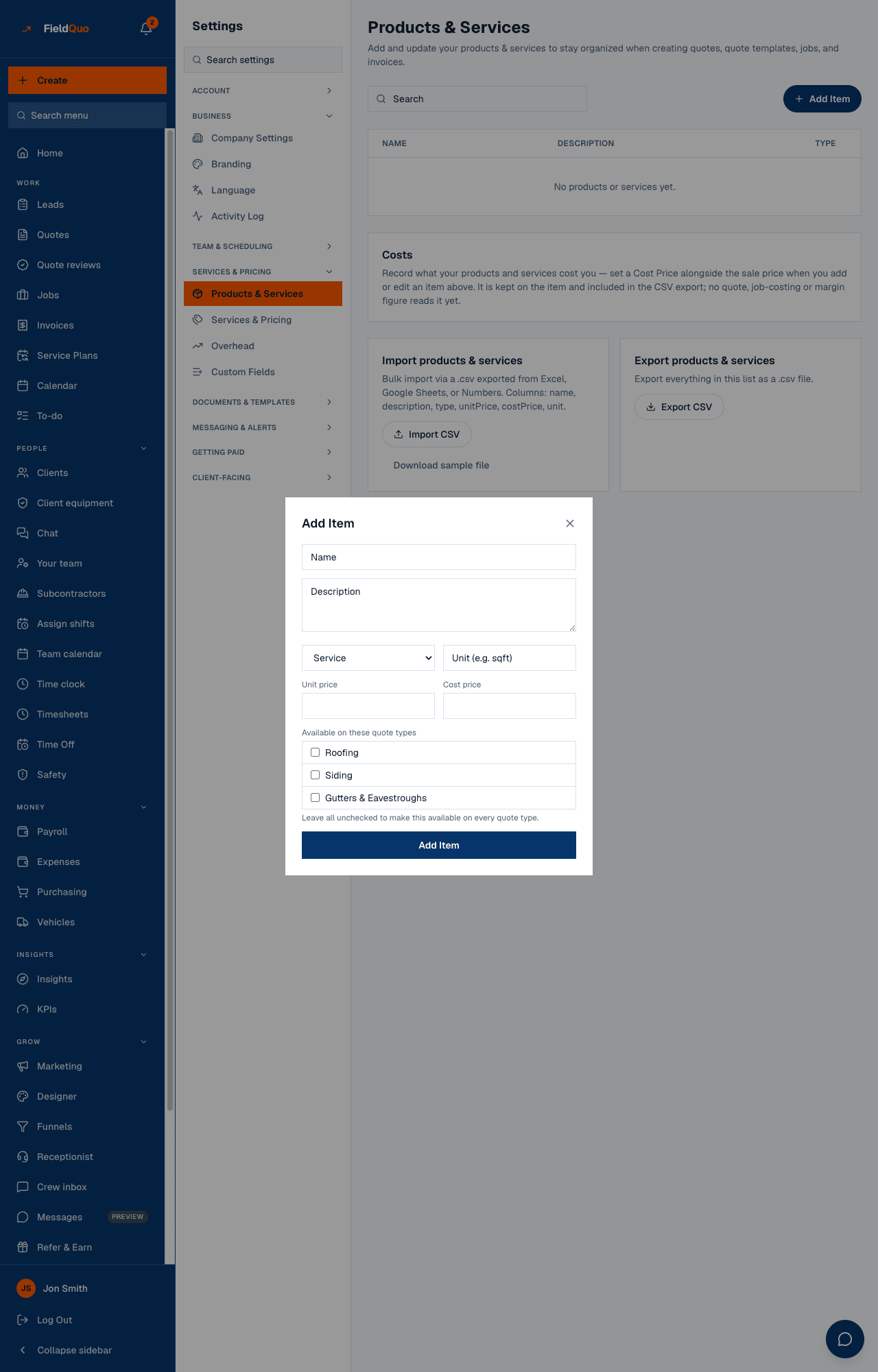 Add Item — name, type, unit, unit price, cost price and the quote types the item is available on.