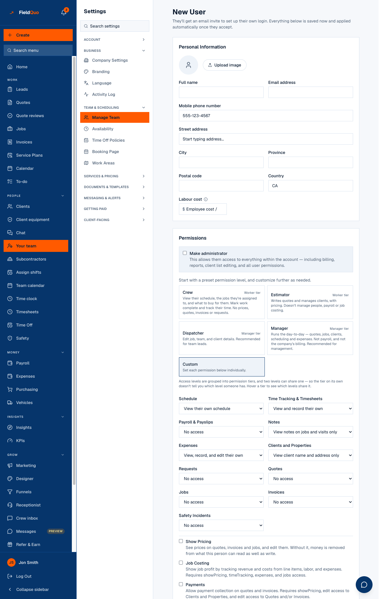 New User — Personal Information with the Labour cost field, then Permissions: Make administrator, the four level cards, Custom, and the permission grid.