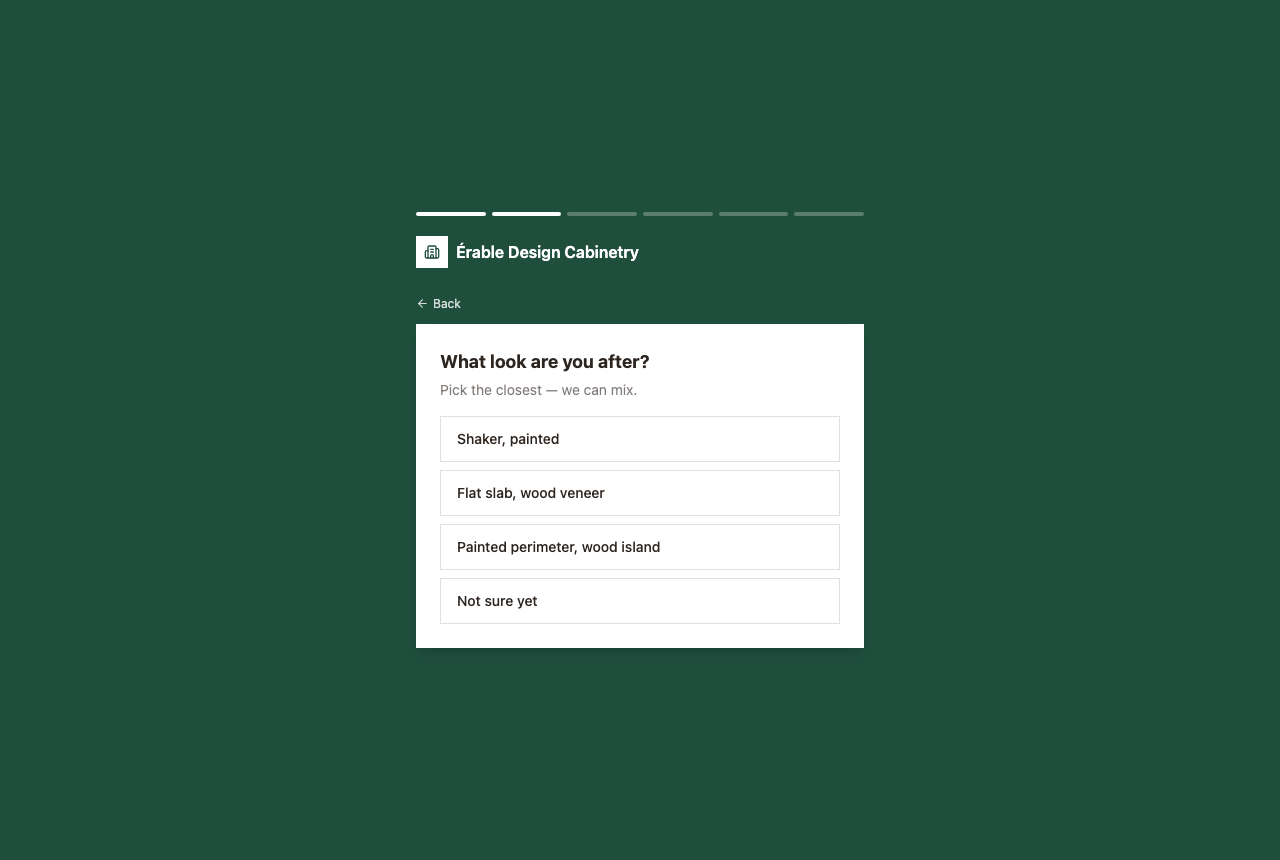A funnel mid-way — the brand colour full screen, the progress line, the company's monogram and name, Back, and a single-choice question card.