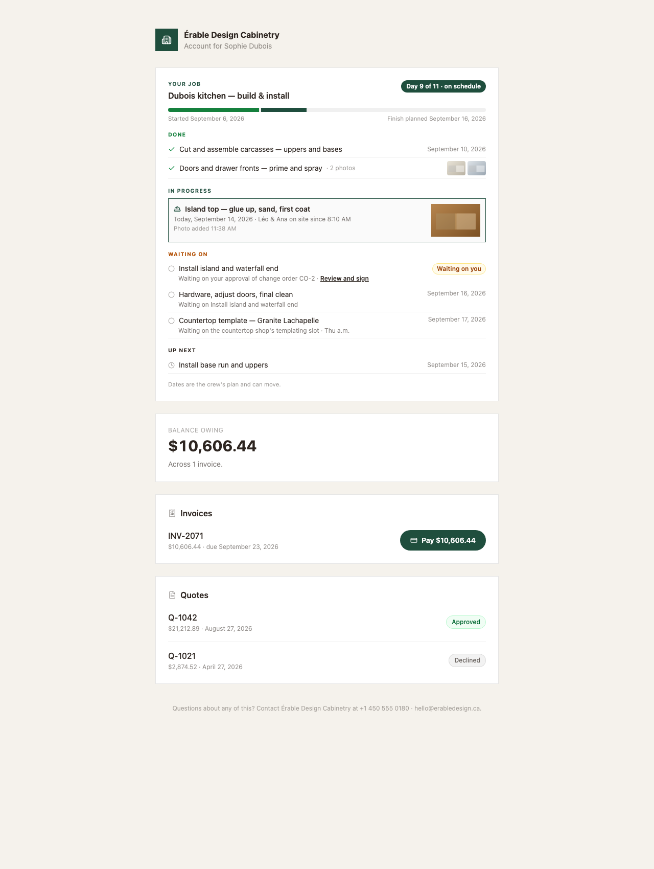 The portal as the client sees it — the company's logo, Account for Sophie Dubois, Balance owing across 1 invoice, the Invoices card with Pay $10,606.44, and the Quotes card with Approved and Declined pills.