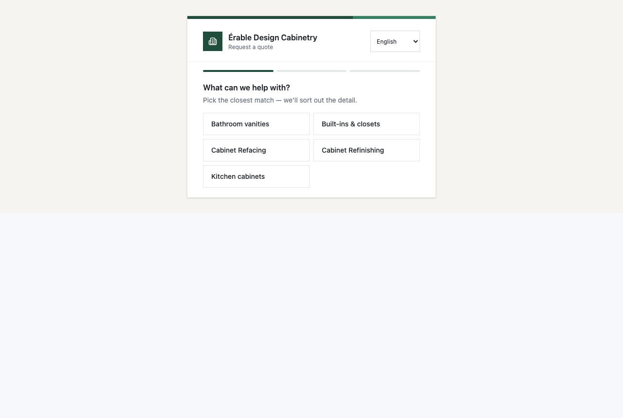 The self-quote form as a homeowner sees it — the company's logo and name, then step 1, “What can we help with?”, listing only the services the company has switched on.