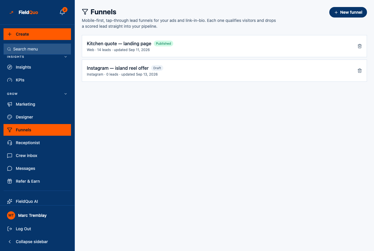 Funnels — one published Web funnel with 14 leads and one Instagram draft, each with its channel and last update.