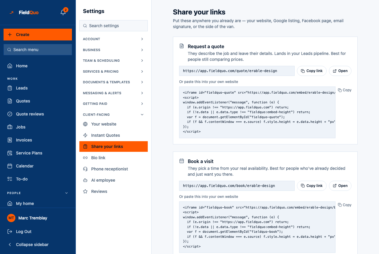 Settings → Share your links — each card's embed code sits under “Or paste this into your own website” with its own Copy button.