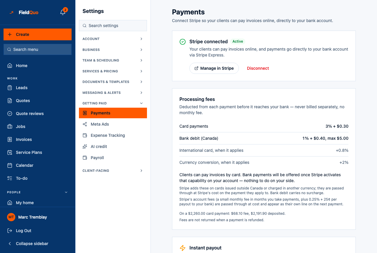 Settings → Payments once verified — Stripe connected · Active, Manage in Stripe, Disconnect, and Your Stripe account with both switches On and nothing outstanding.