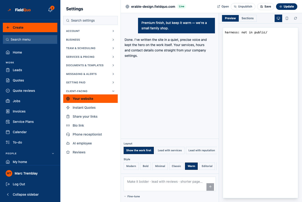 The builder with a live site — the address bar with Live, Open, Save and Update; the thread; Layout and Style chips; the prompt; Preview and Sections on the right.