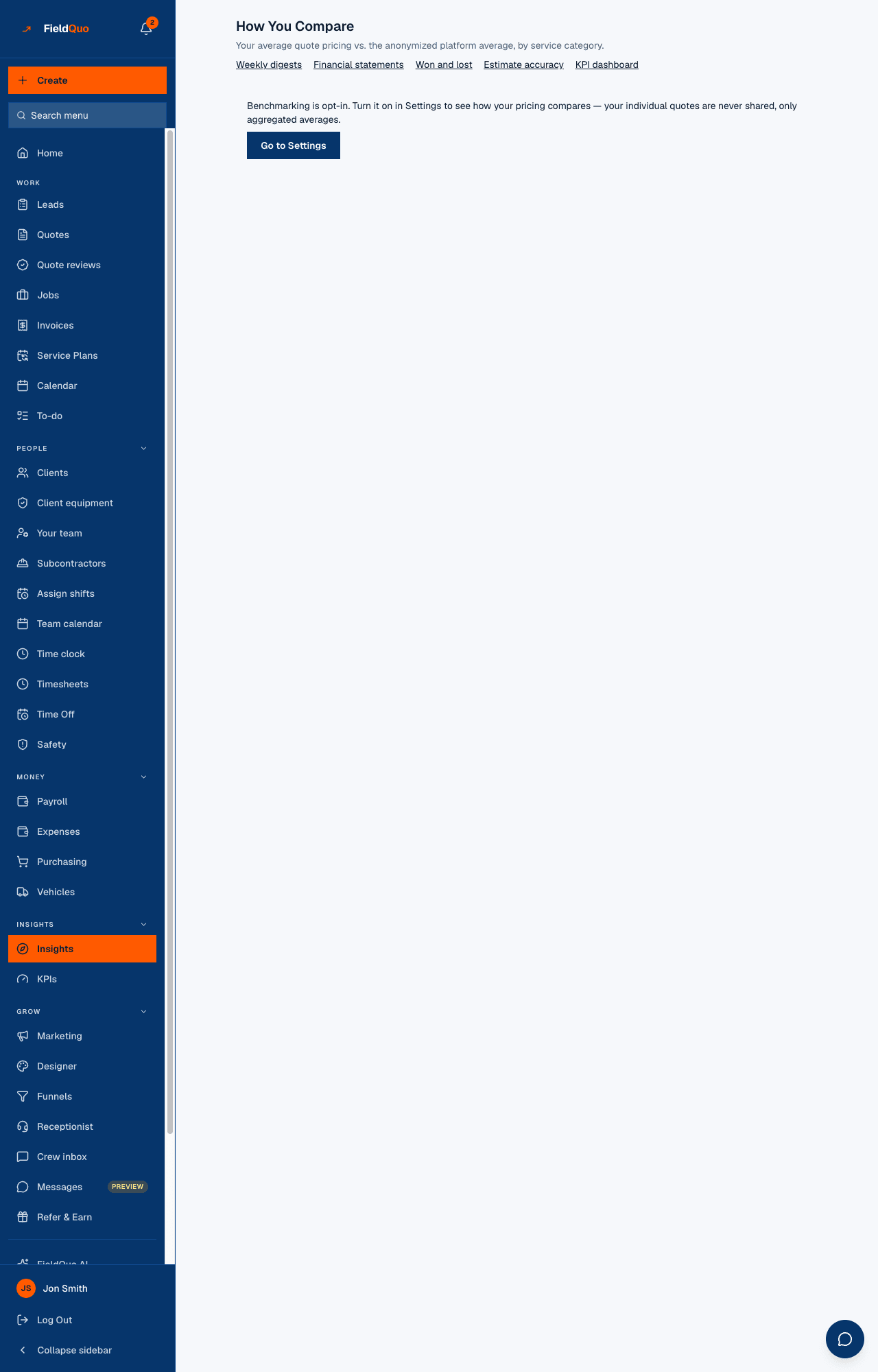 Insights — How You Compare, with the row of links under the title: Weekly digests, Financial statements, Won and lost, Estimate accuracy, KPI dashboard.