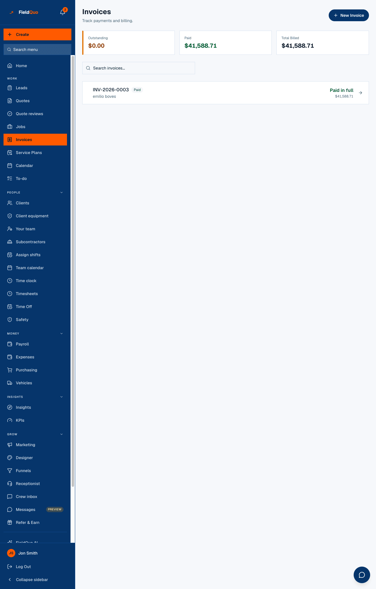 Invoices — Outstanding, Paid and Total Billed, then every invoice with its status and balance.