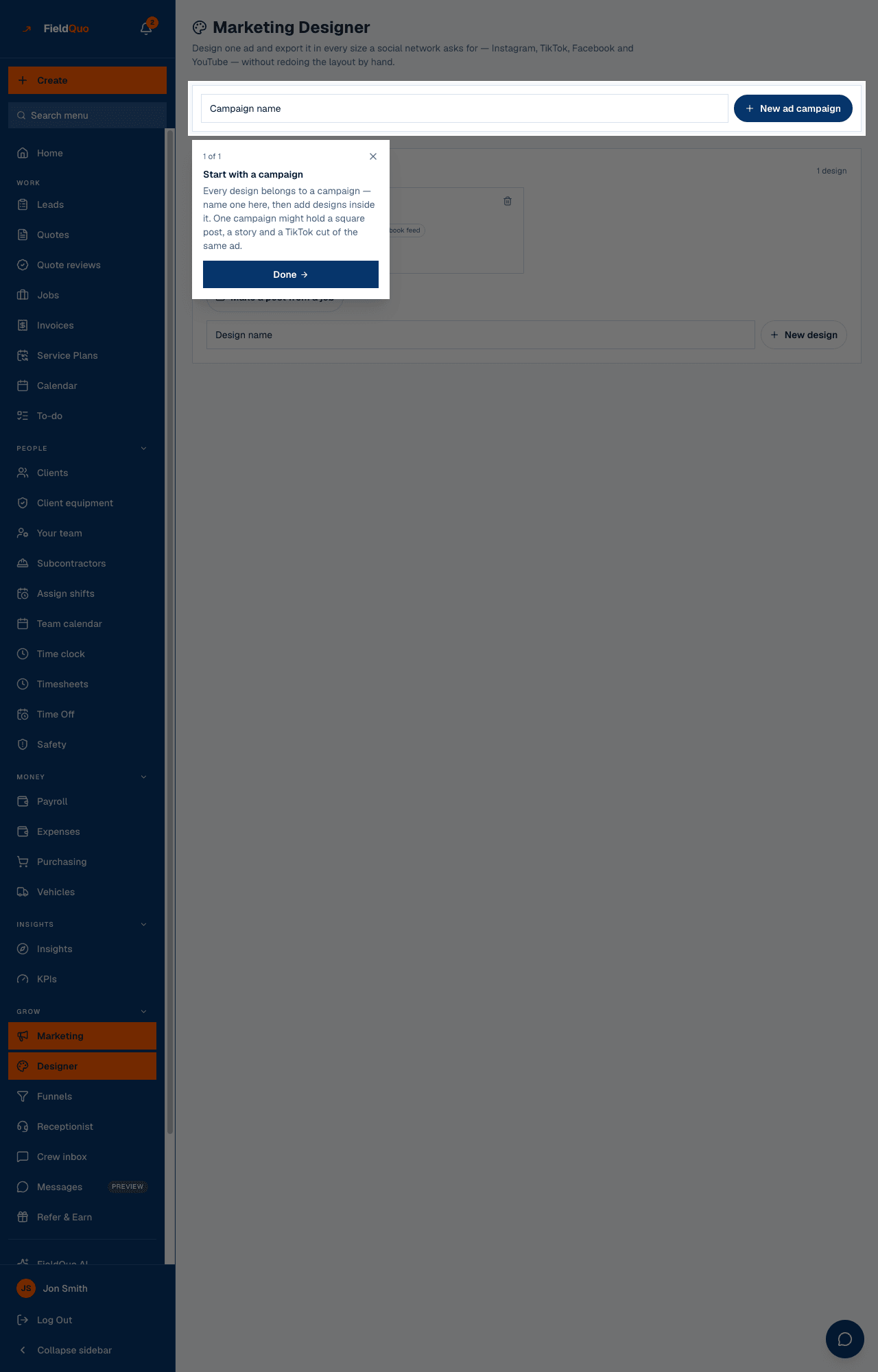 Marketing Designer — Make a post from a job sits under each campaign, beside New design.