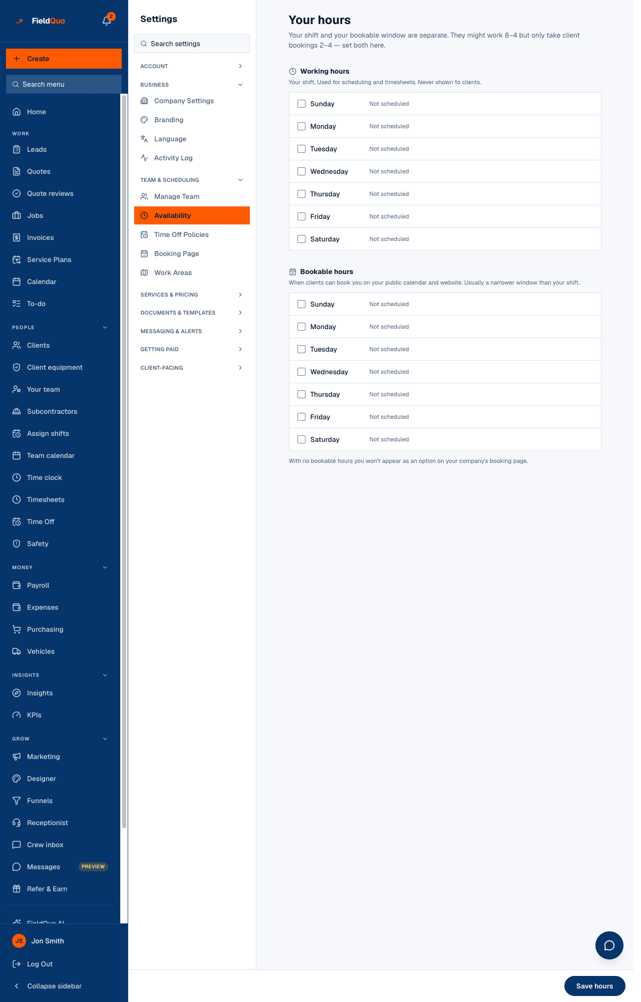 Settings → Availability — Working hours and Bookable hours, each a week of checkboxes and times, with Save hours pinned below.