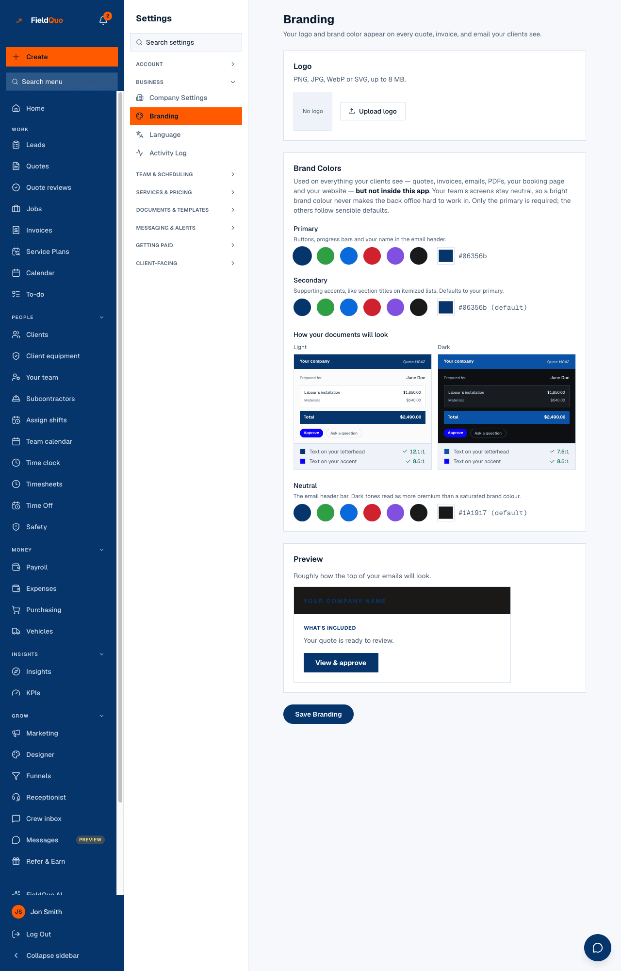 Settings → Branding — the Logo card, the Brand Colors card with its swatches and previews.