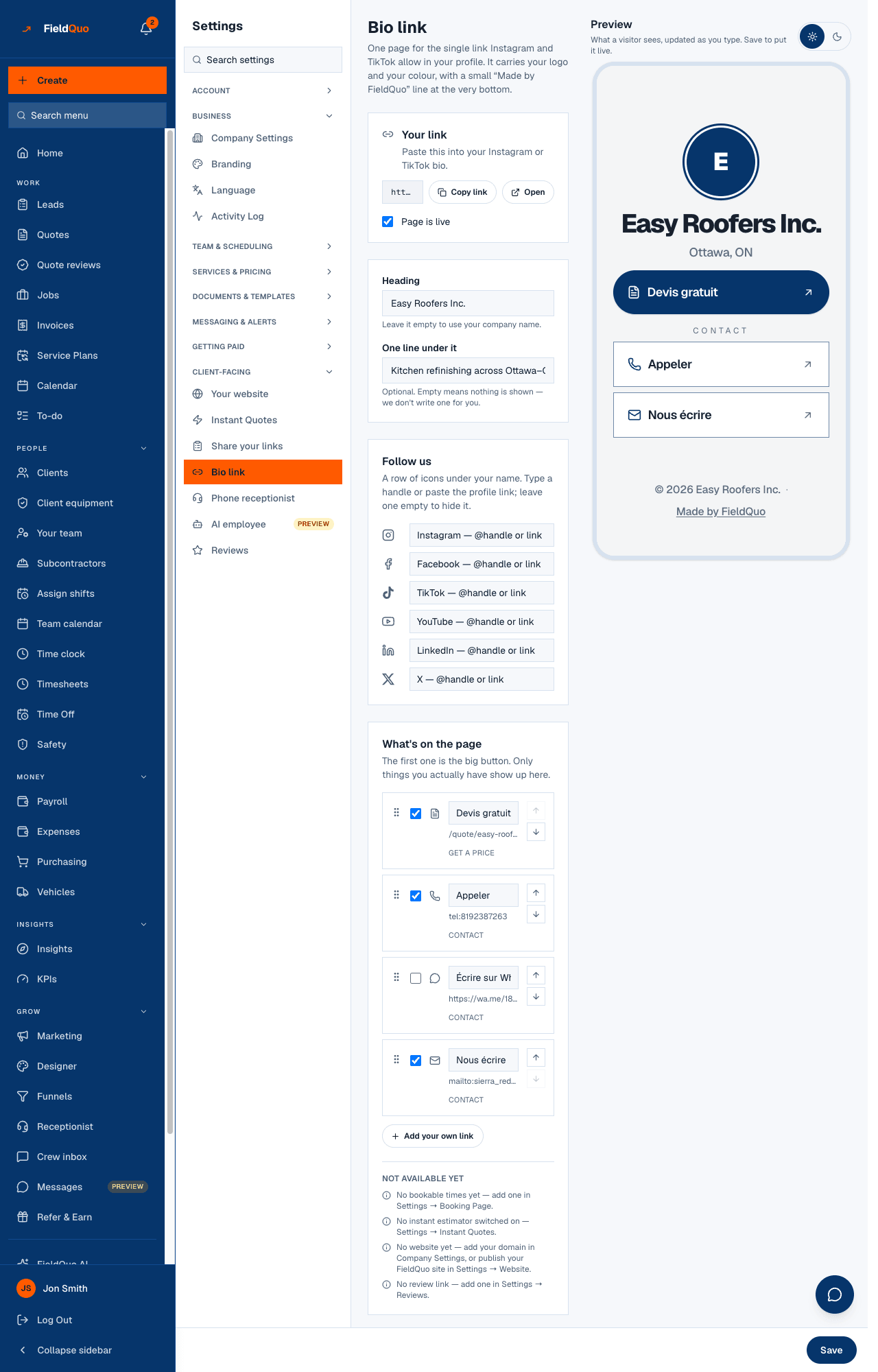Settings → Bio link — Your link with Copy link and Open, the Heading and Follow us cards, the ordered rows under What's on the page, and the phone preview.
