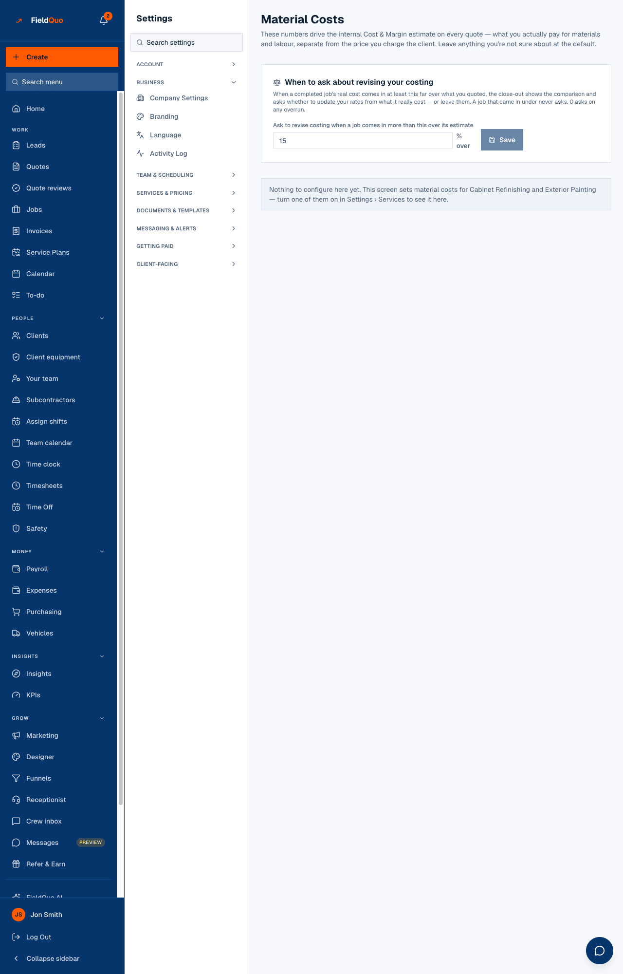 Settings → Material Costs — the cost-revision threshold, then one recipe card per trade with coverage, per-gallon cost, coat counts and consumables.