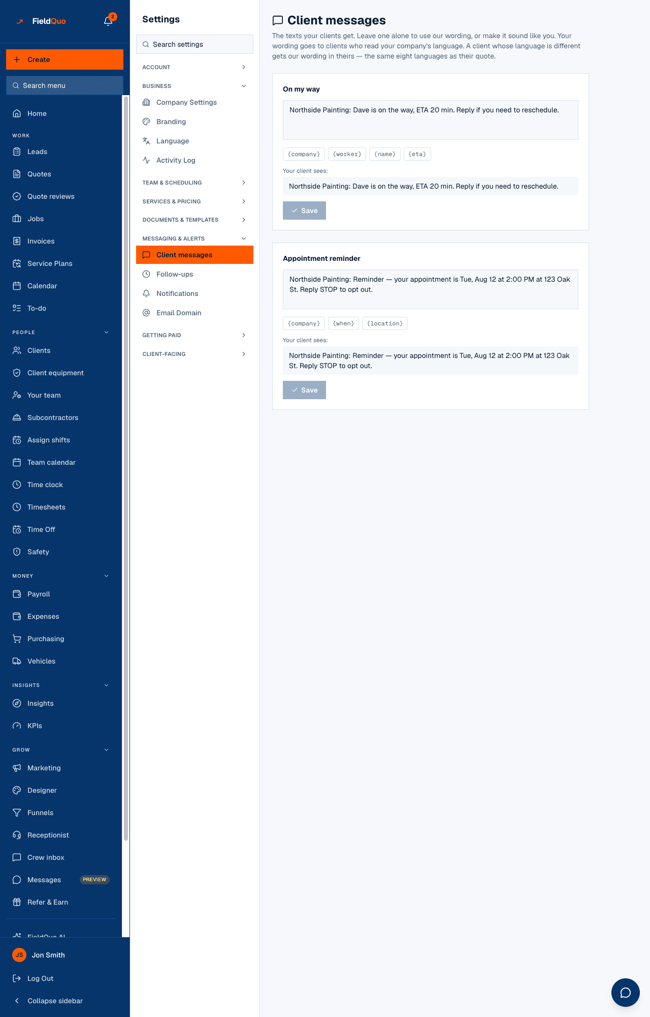 Settings → Client messages — the On my way editor with its field chips and the Your client sees preview.