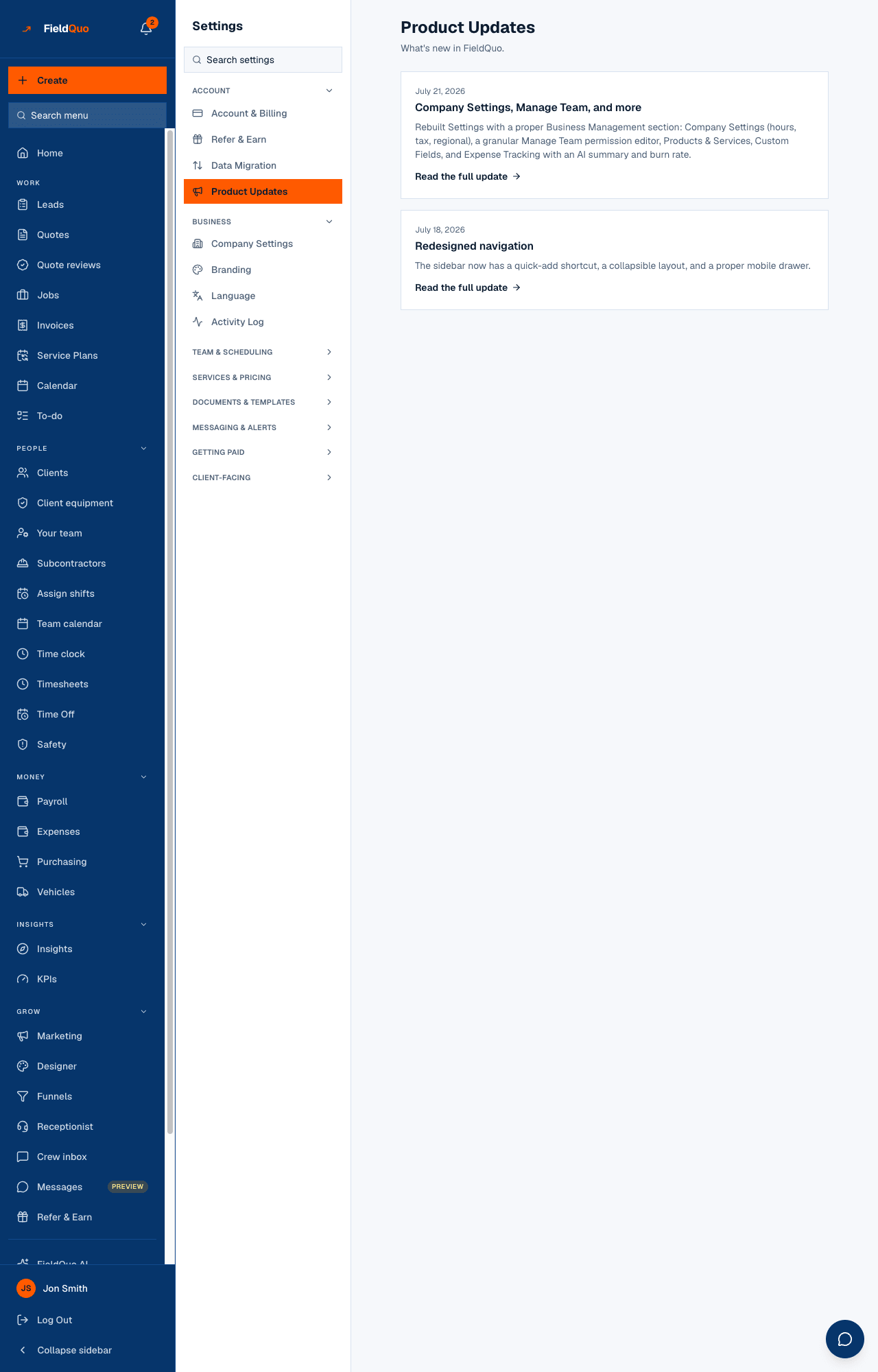 Settings → Product Updates — the dated cards, each with its summary and Read the full update where a write-up exists.