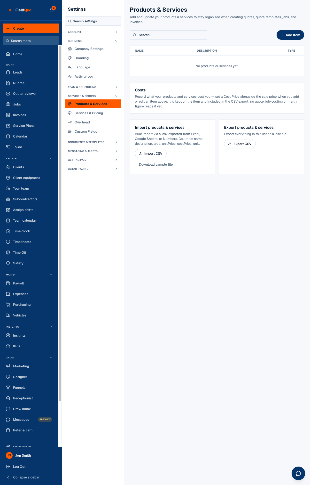 Settings → Products & Services — the searchable list with Add Item, then the Costs and Import cards.