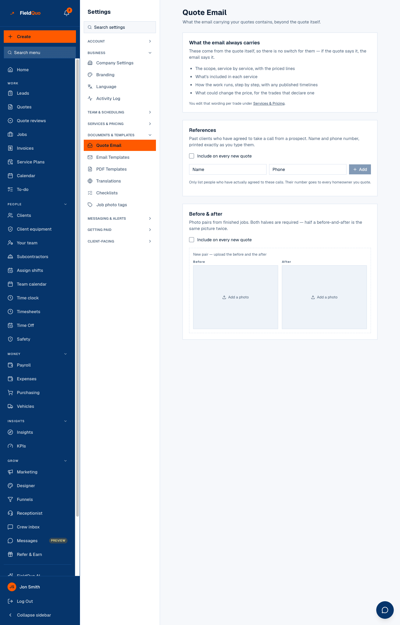Settings → Quote Email — what the email always carries, then the References and Before & after cards with their Include on every new quote checkboxes.