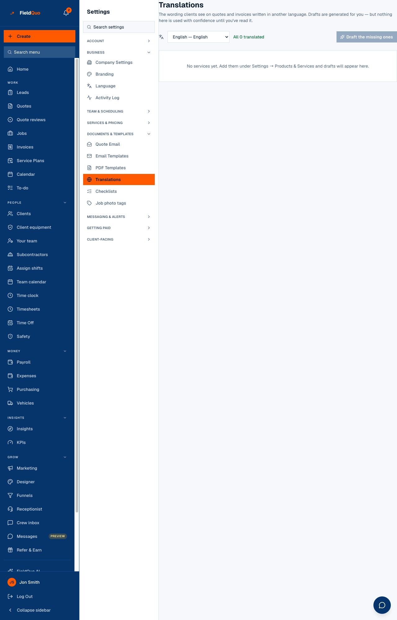 Settings → Translations — the language picker, the missing counter, and source beside translation for each item.