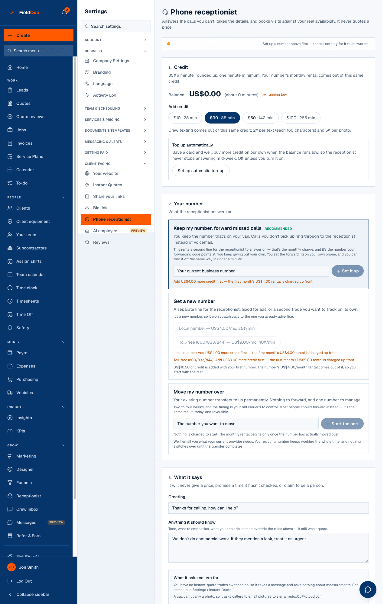 Settings → Phone receptionist — the number with its answering switch, the credit card with top-ups, and the greeting, knowledge, voice and tuning cards.
