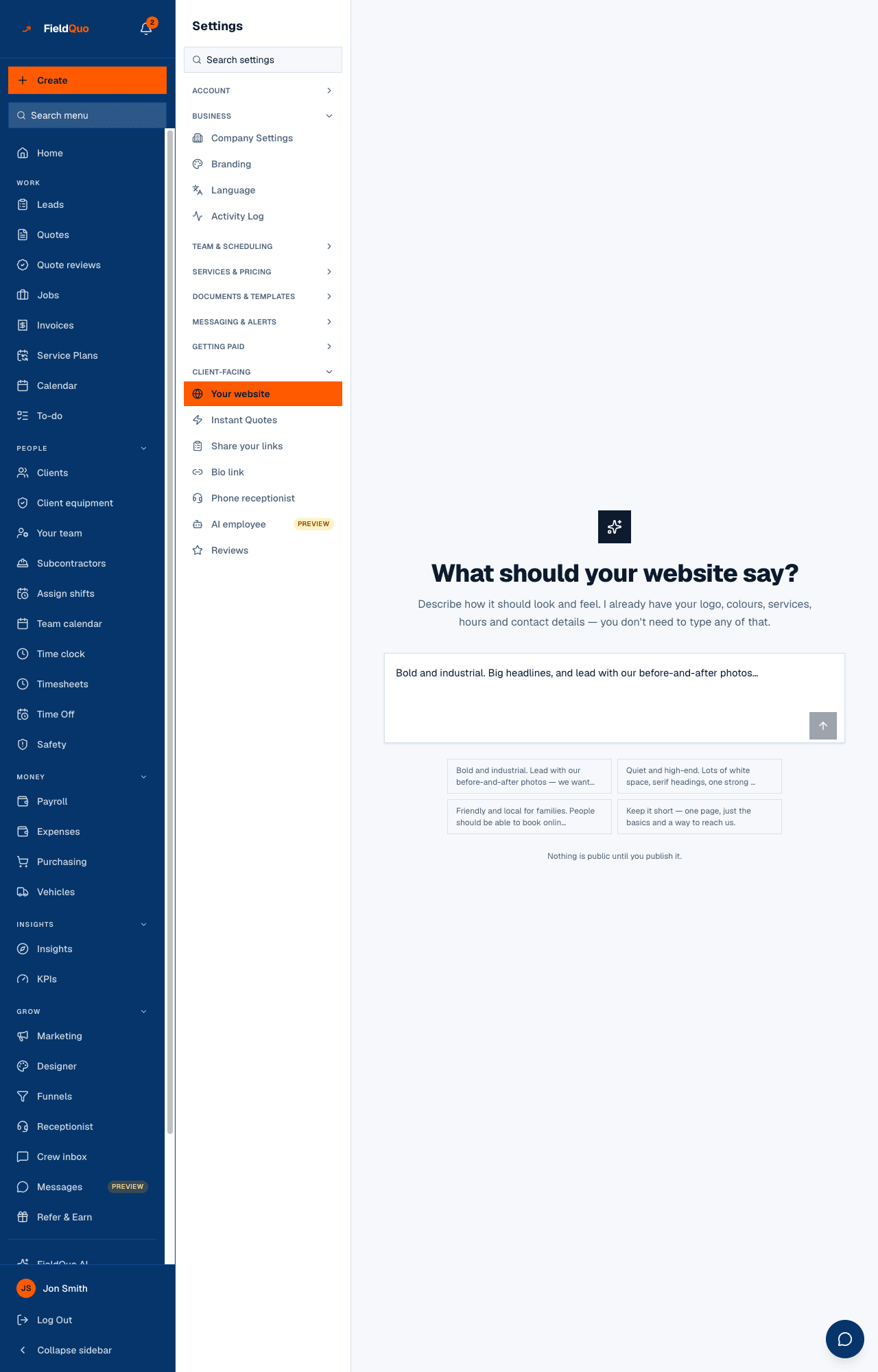 Settings → Your website on first run — one prompt, four example chips, and “Nothing is public until you publish it.”