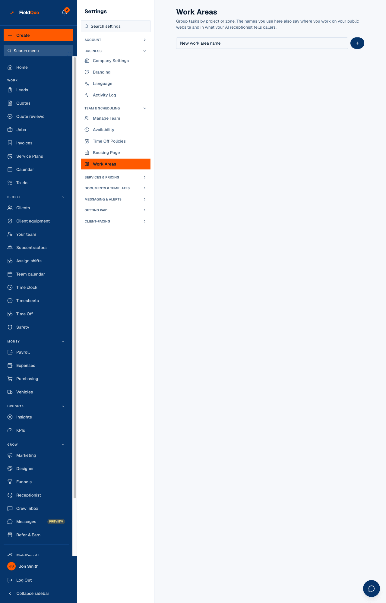 Settings → Work Areas — the name box at the top, then one card per zone with a chip per team member.