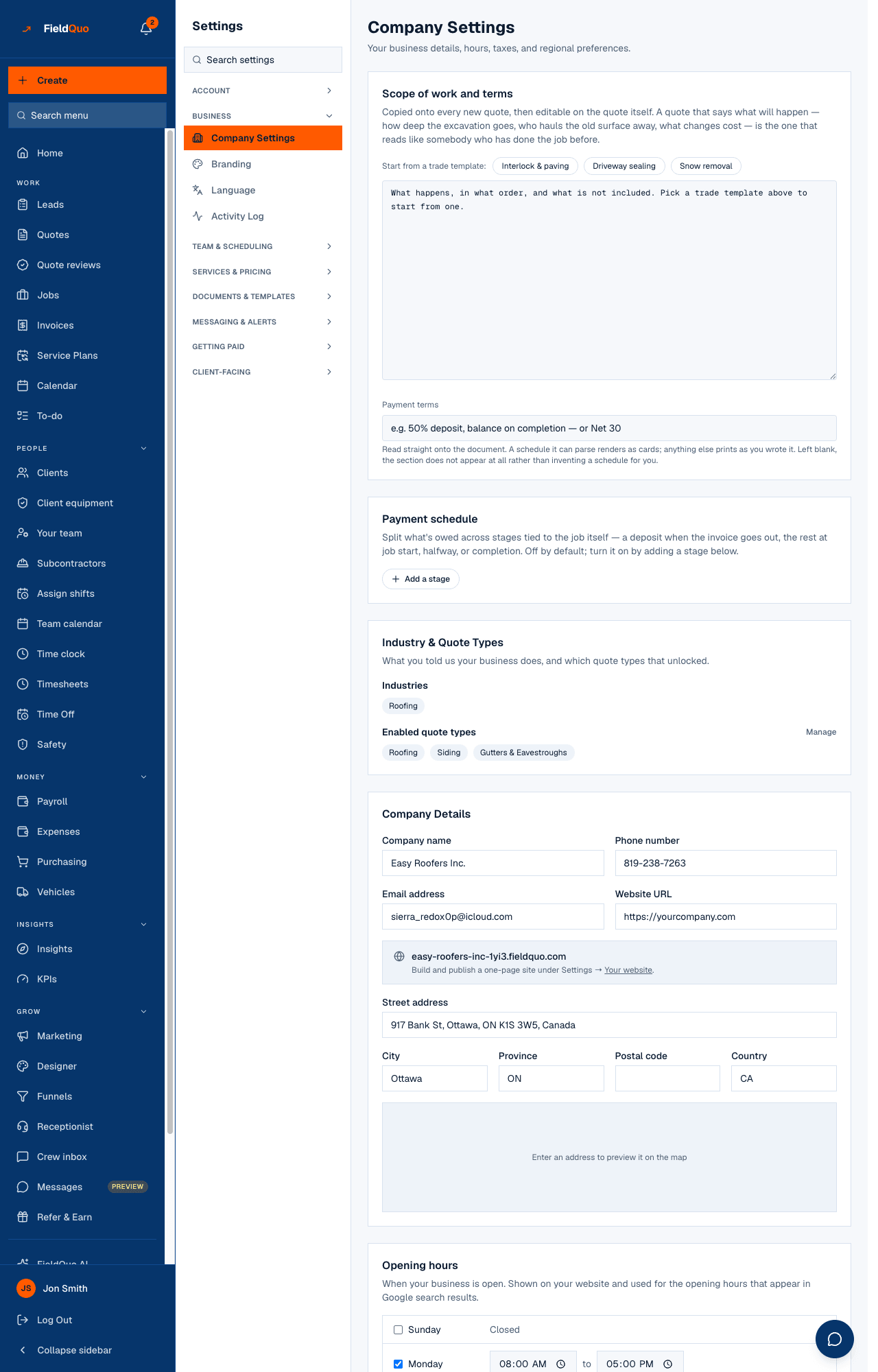 Settings — the eight groups on the left with Business open, landing on Company Settings.